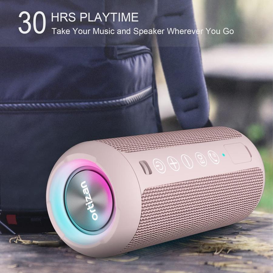 30 hours playtime, the speaker beside a bag outdoors