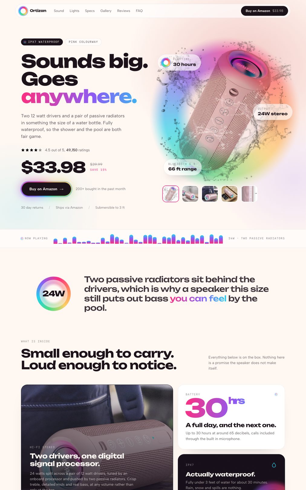 The Ortizan X10 landing page built by the skill: hero with the real product photo, the real $33.98 price and the real 49,150 ratings