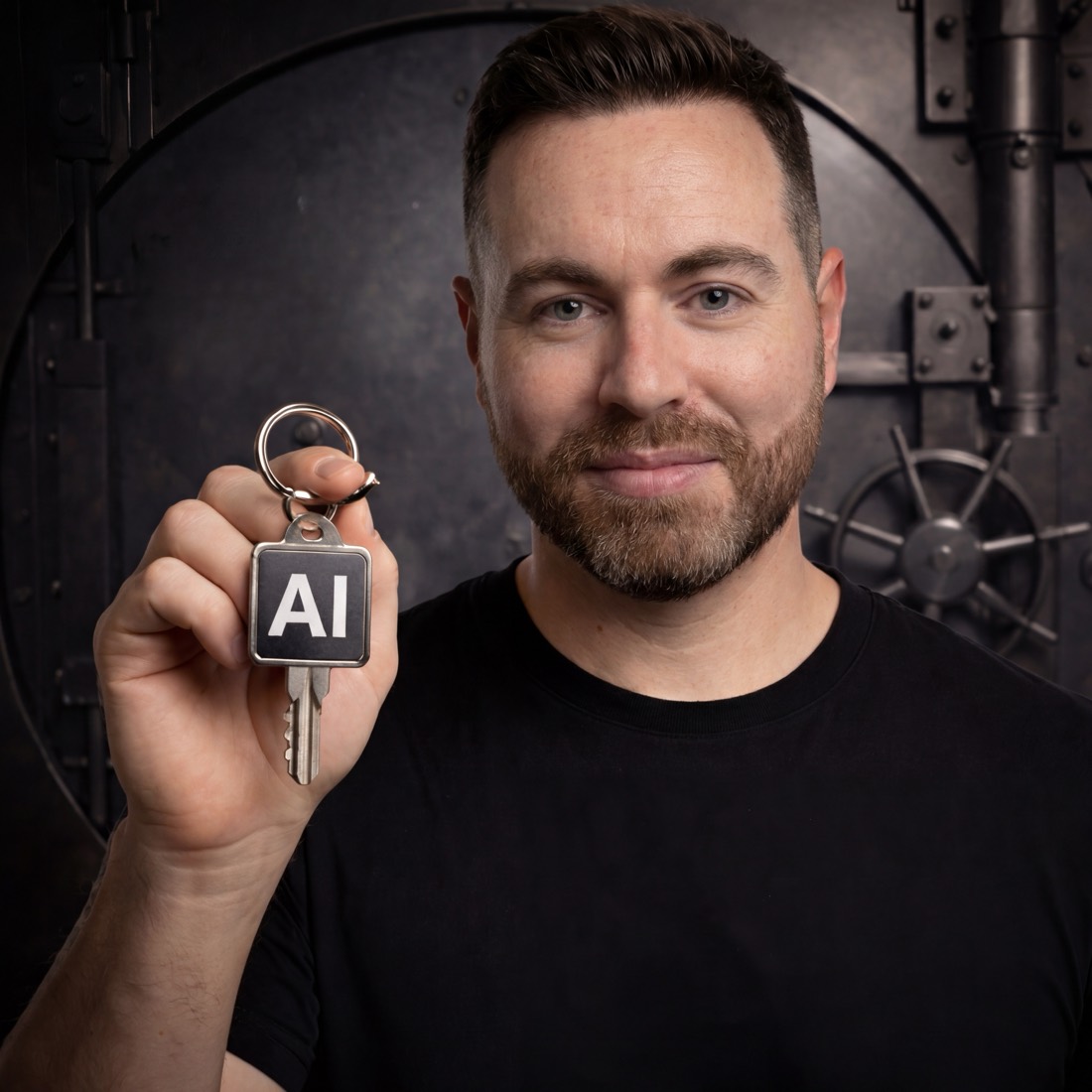 Jay Margaliot holding an AI key in front of a bank vault