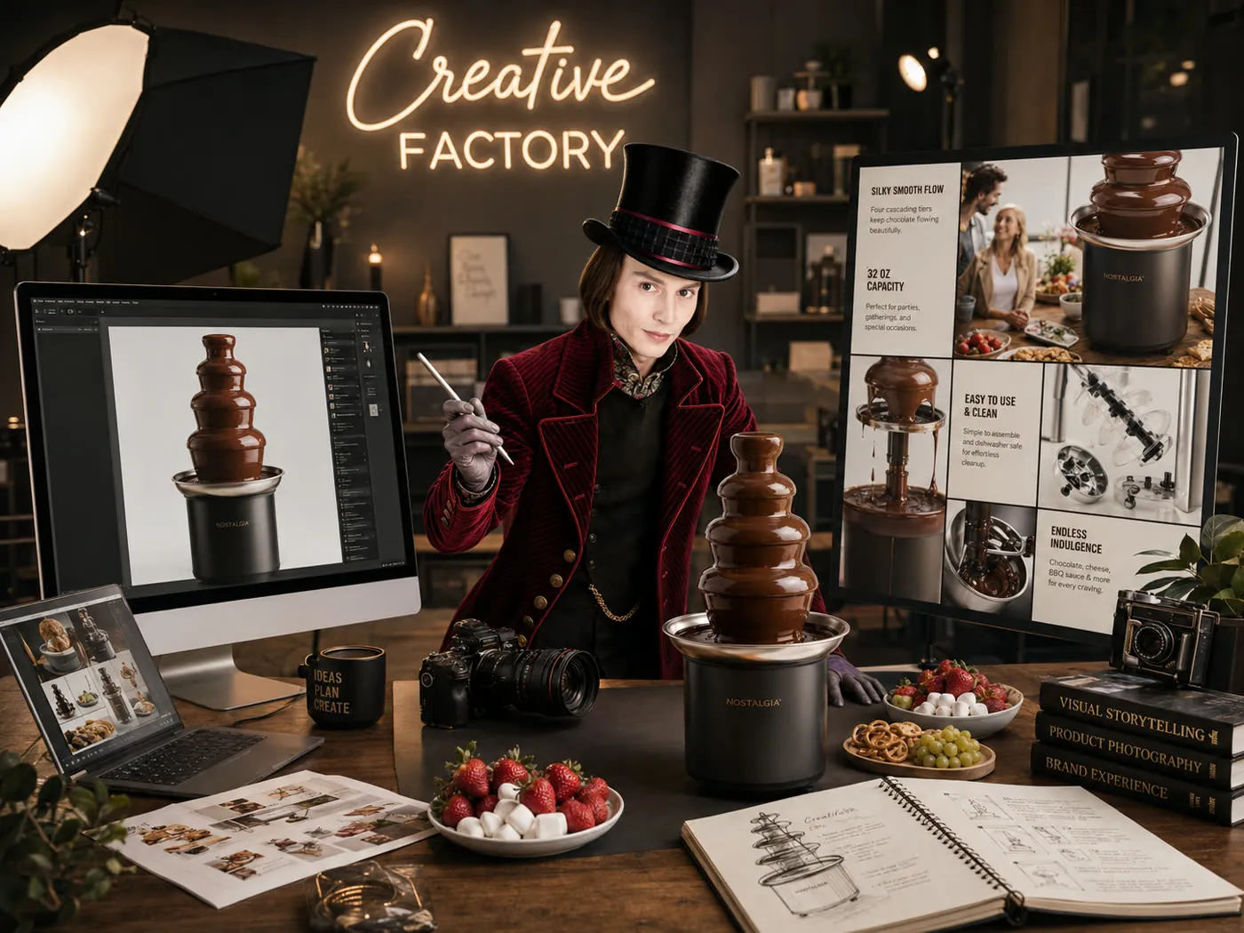 Wonka at work in the creative factory, the fondue fountain on his desk