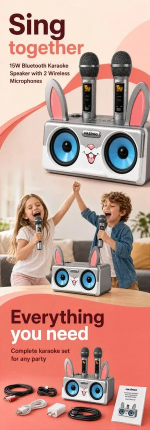 Full A plus page for a karaoke speaker with two microphones