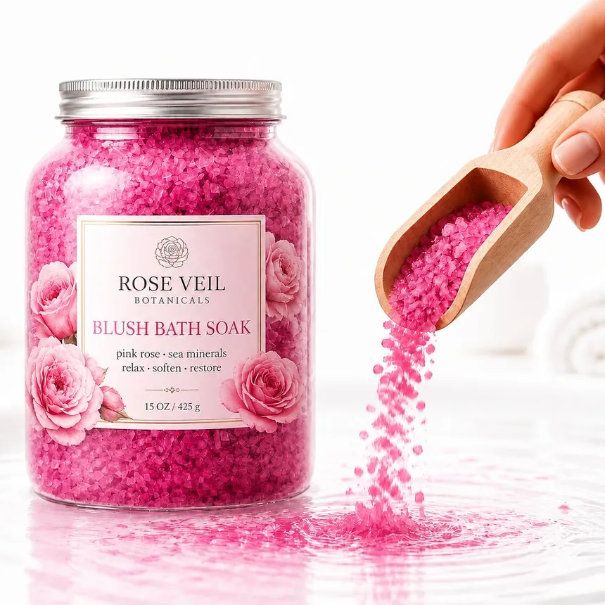 Main image: a jar of rose bath soak with a wooden scoop pouring