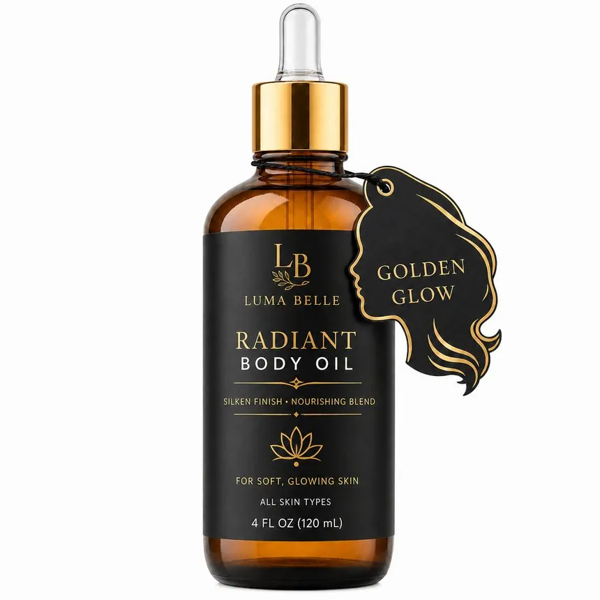 Main image: a radiant body oil bottle with a golden gift tag