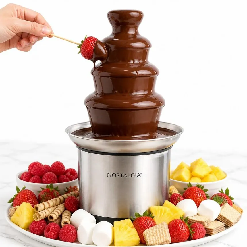 Main image: a chocolate fondue fountain with a strawberry dipped at the top