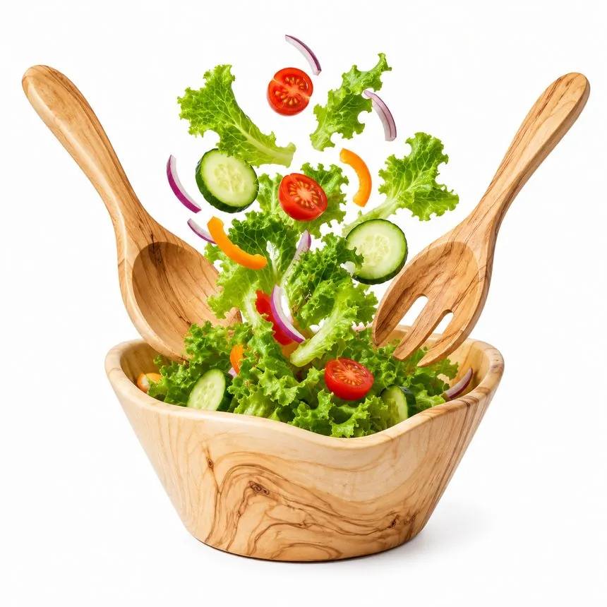 Main image: an olive wood salad bowl with vegetables tossed mid-air