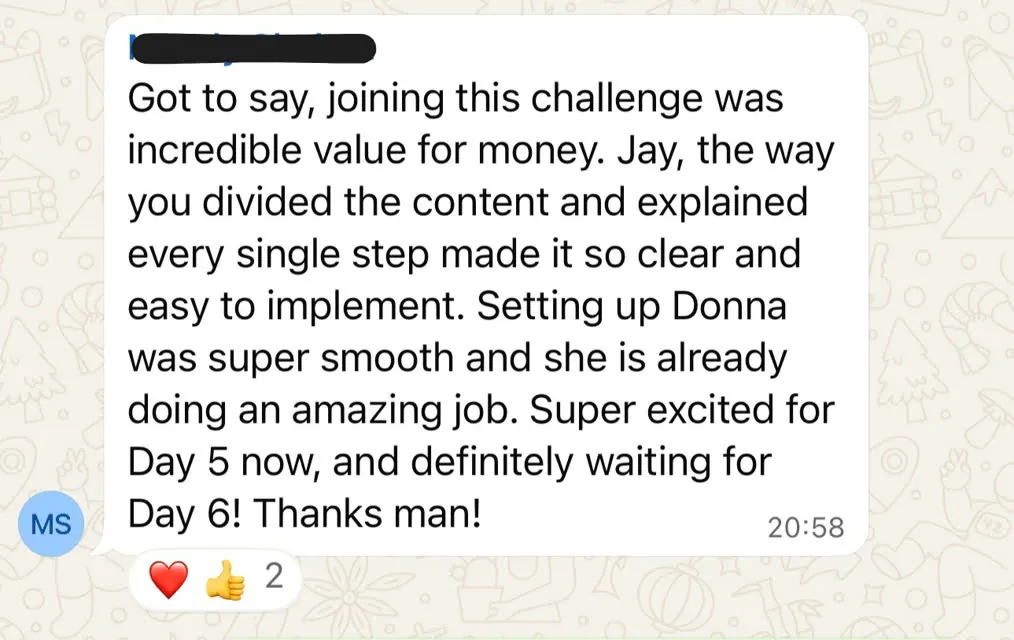 WhatsApp message from a Claude Code Challenge participant